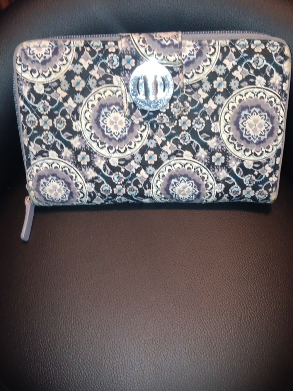 Vera Bradley Black, Gray and Purple Medallion Zip Wallet